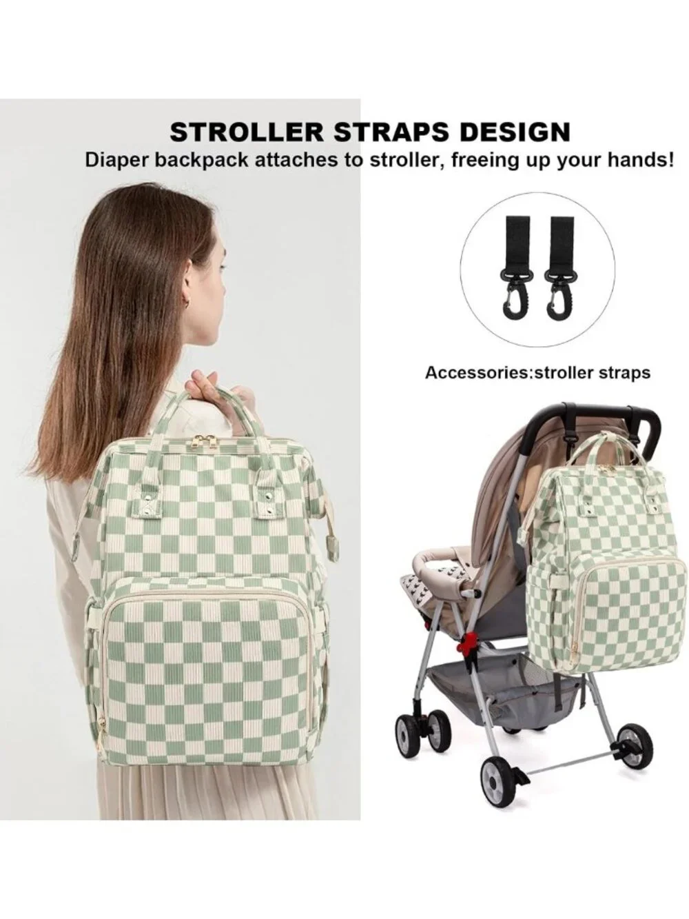 Stylish Large Capacity Baby Diaper Bag Backpack with Stroller Straps - Green